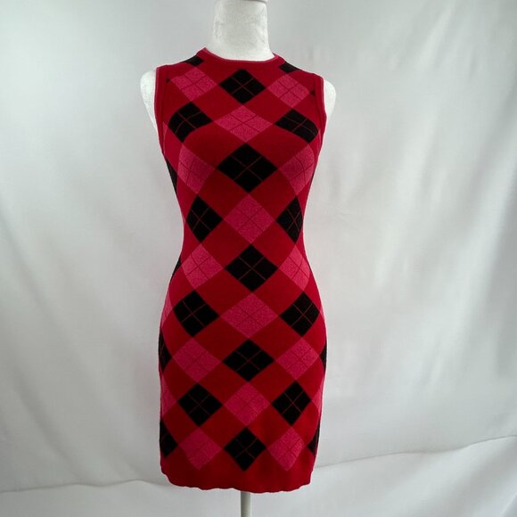ZARA Girly Red Pink Black Argyle Diamond Stretchy Knit Dress – Preppy Y2K Small - Picture 2 of 12